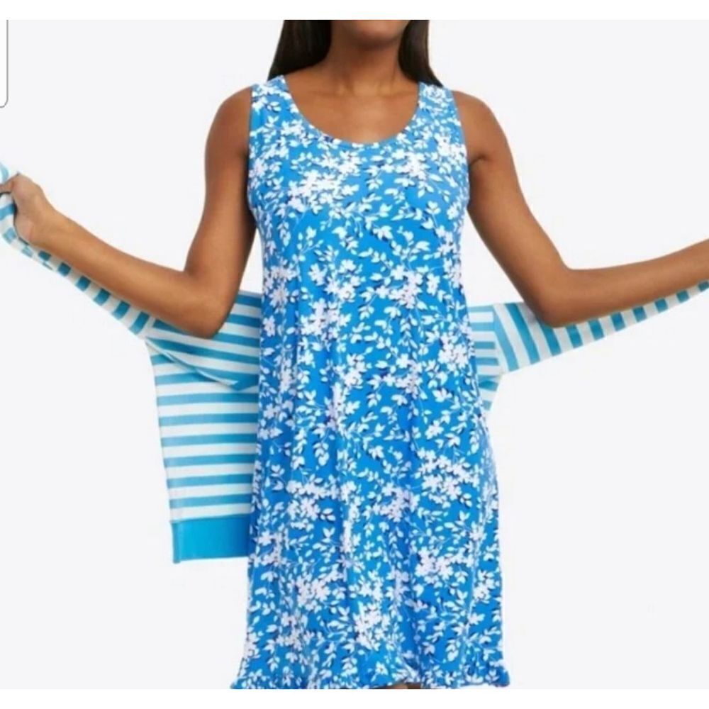 Draper James Ruffle Nightie Dress Pajamas Blue Shadow Floral sz S/M